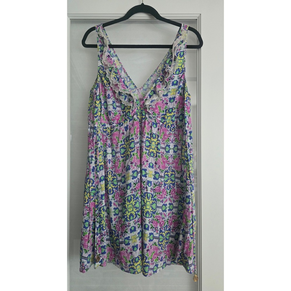 Luli Fama Floral Lace Ruffle V-Neck Beach Cover Up Mini Dress Multicolor Large